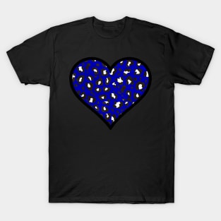 Dark Blue, Black and White Leopard Print Heart T-Shirt